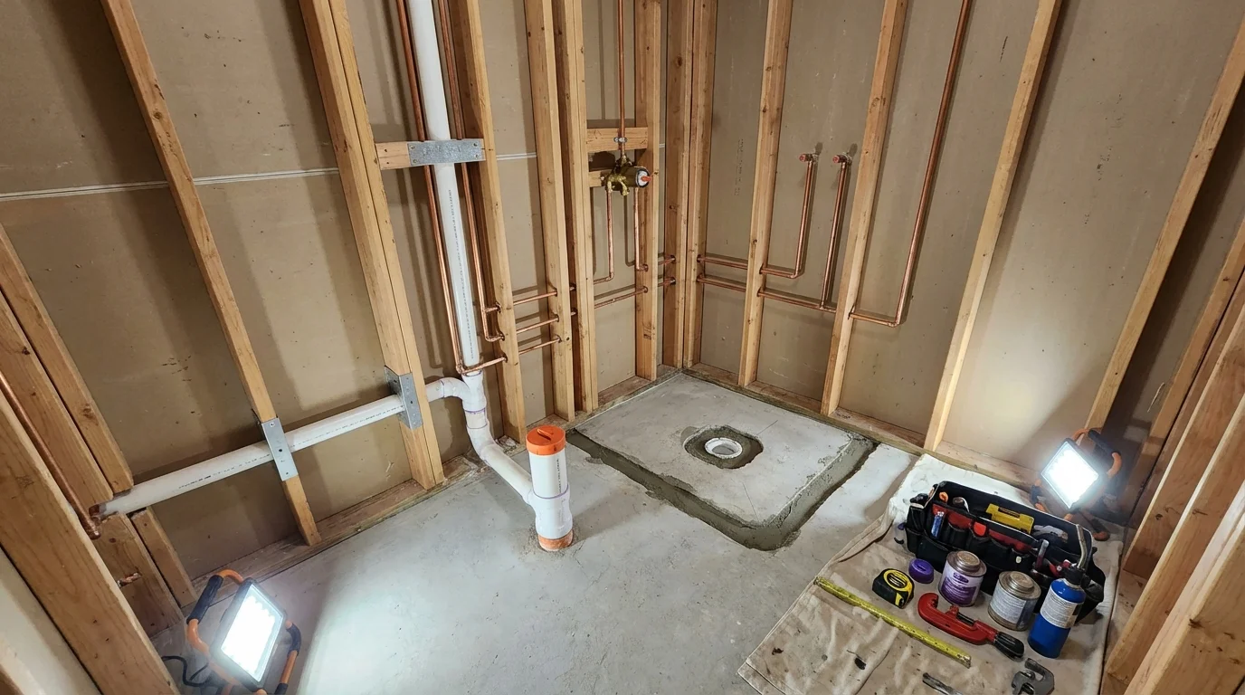 Bathroom rough-in plumbing during remodel by Johns Plumbing LLC in Big Timber