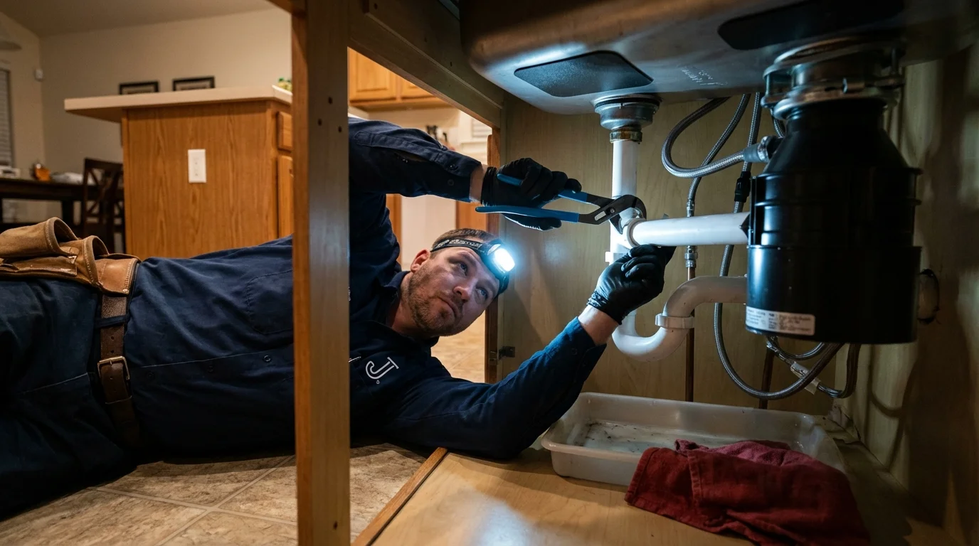 P-trap and supply line connections under a kitchen sink showing a common leak point in Big Timber, MT
